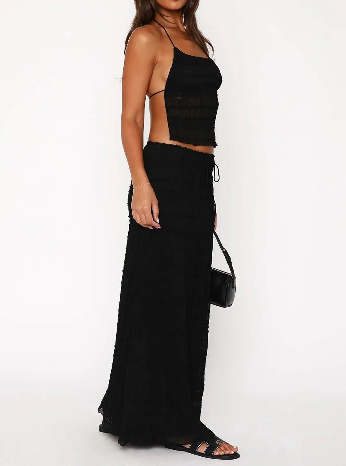 Women Y2K Maxi Skirt Set 2 Piece Outfit Smocked Backless Halter Top Flowy Ruffle Skirt Wedding Guest Ruched Set