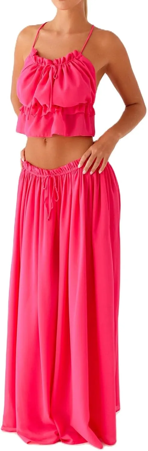 Women Y2K Maxi Skirt Set 2 Piece Outfit Smocked Backless Halter Top Flowy Ruffle Skirt Wedding Guest Ruched Set