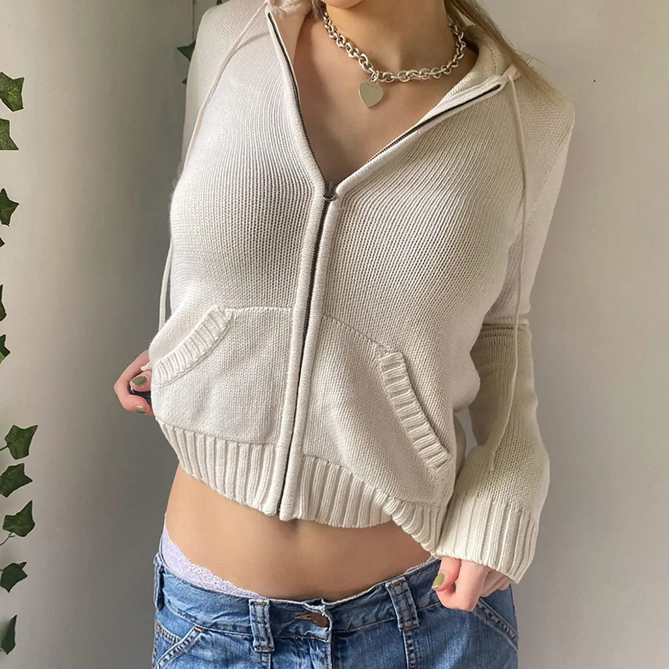 Women Y2k Zip Up Cropped Hoodies Vintage Solid Knit Cardigan Sweater Long Sleeve Drawstring Jacket Fairy Grunge Clothes