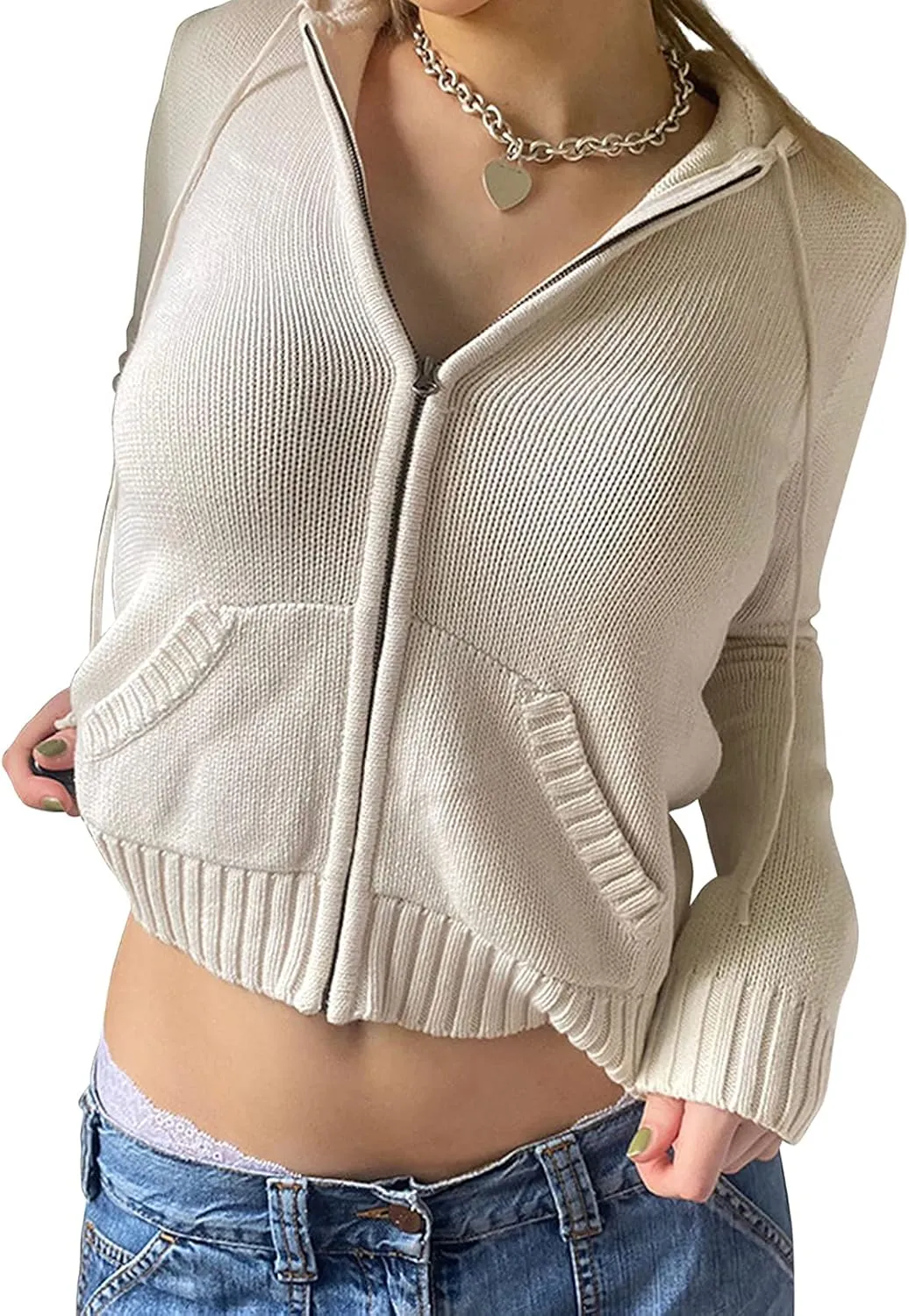 Women Y2k Zip Up Cropped Hoodies Vintage Solid Knit Cardigan Sweater Long Sleeve Drawstring Jacket Fairy Grunge Clothes