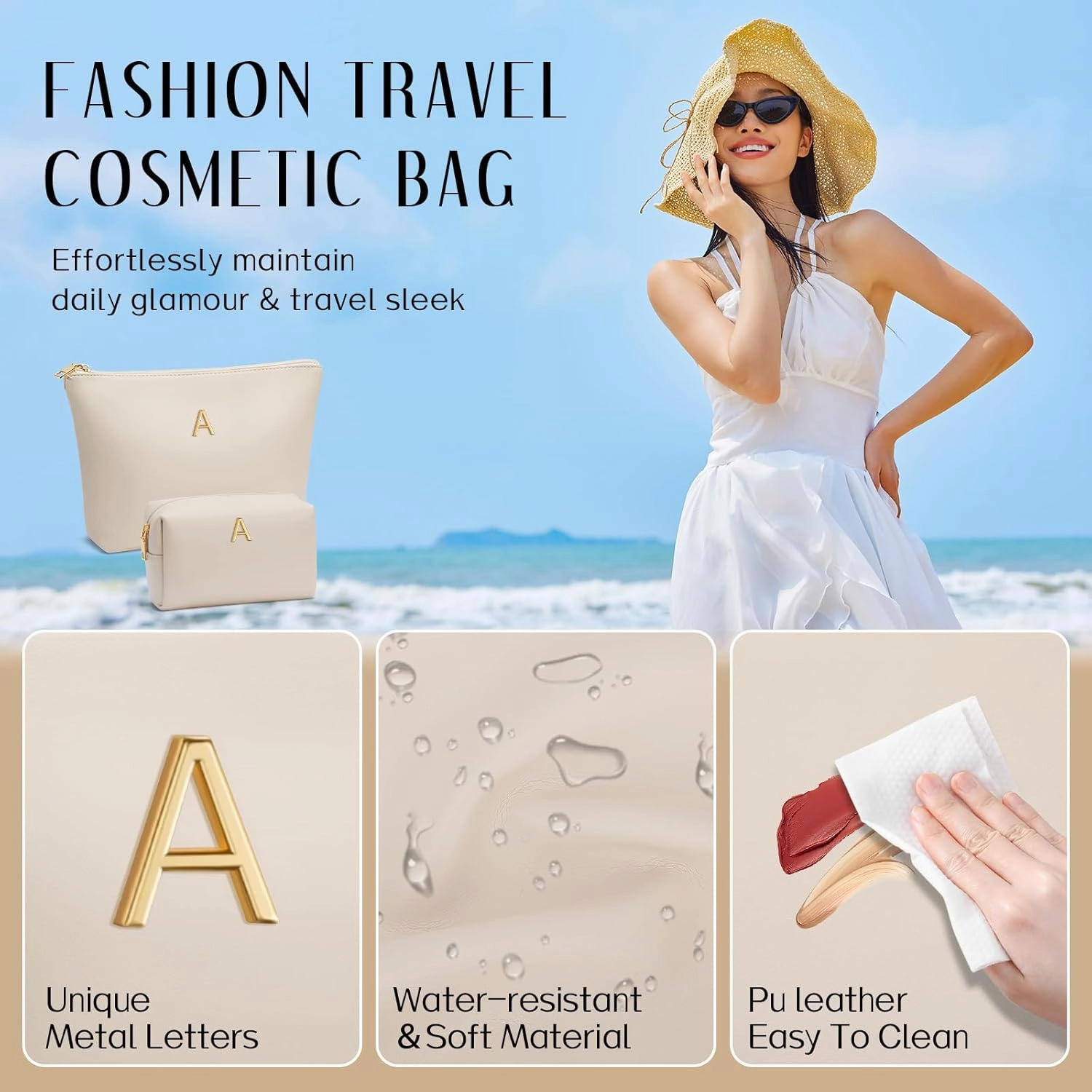 Women Gifts | Initial Makeup Bag Set for Girl Personalized Gifts for Bridesmaid Friend Graduation Teachers PU Leather Cosmetic Travel Toiletry Bag(Beige,A)