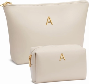 Women Gifts | Initial Makeup Bag Set for Girl Personalized Gifts for Bridesmaid Friend Graduation Teachers PU Leather Cosmetic Travel Toiletry Bag(Beige,A)