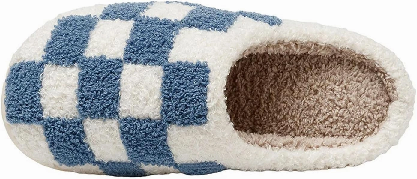 Women's and Men's Fuzzy Checkered Memory Foam Slippers - Fluffy Couple Cozy House Indoor Outdoor Shoes