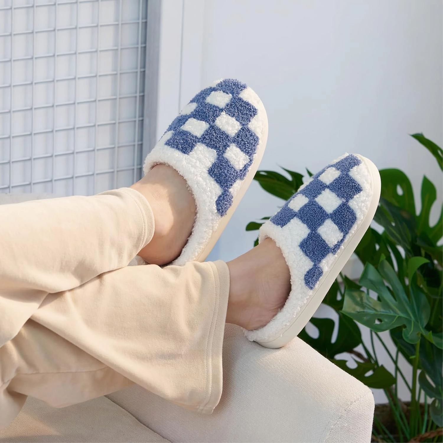 Women's and Men's Fuzzy Checkered Memory Foam Slippers - Fluffy Couple Cozy House Indoor Outdoor Shoes