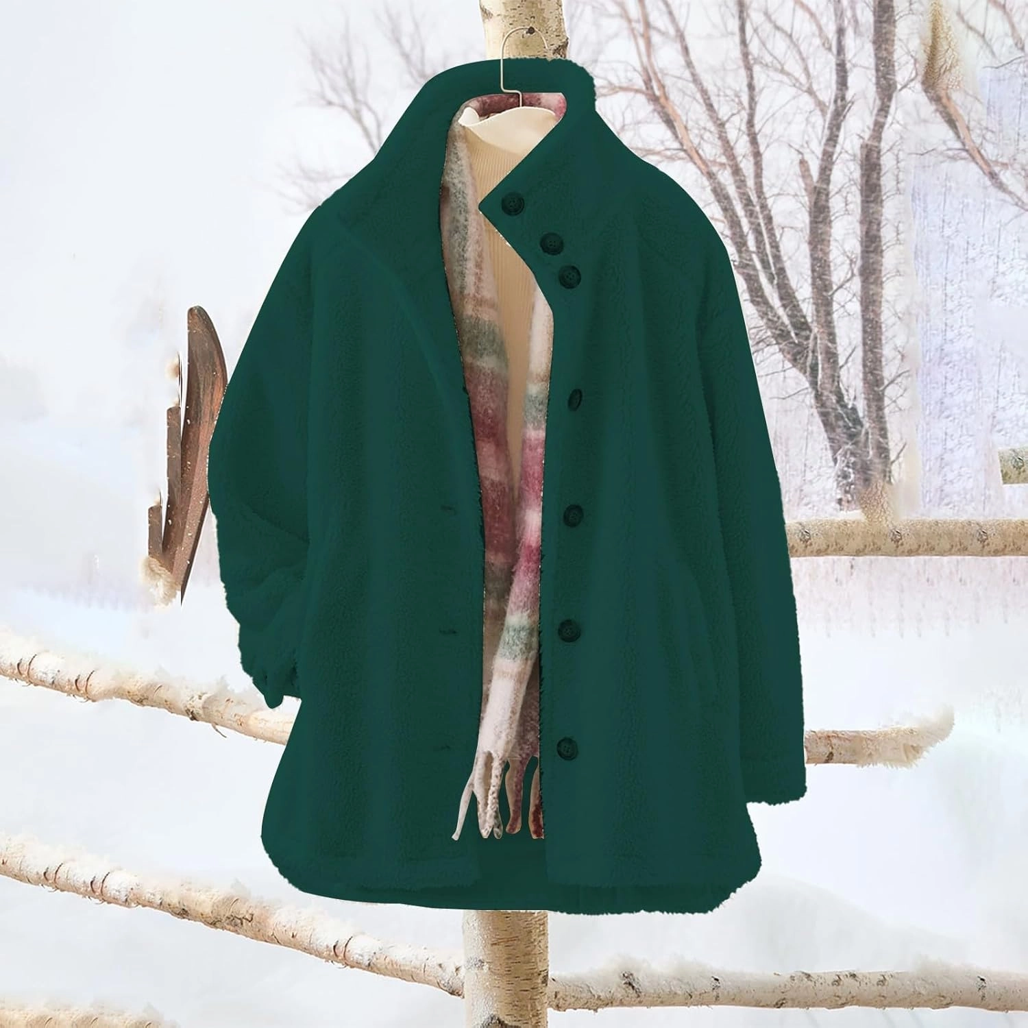 Women's Flannel Fuzzy Cardigan Casual Long Sleeve Sherpa Fleece Lined Jacket Trendy Lapel Collar Button Down Outwears