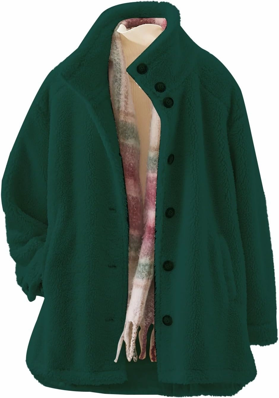Women's Flannel Fuzzy Cardigan Casual Long Sleeve Sherpa Fleece Lined Jacket Trendy Lapel Collar Button Down Outwears