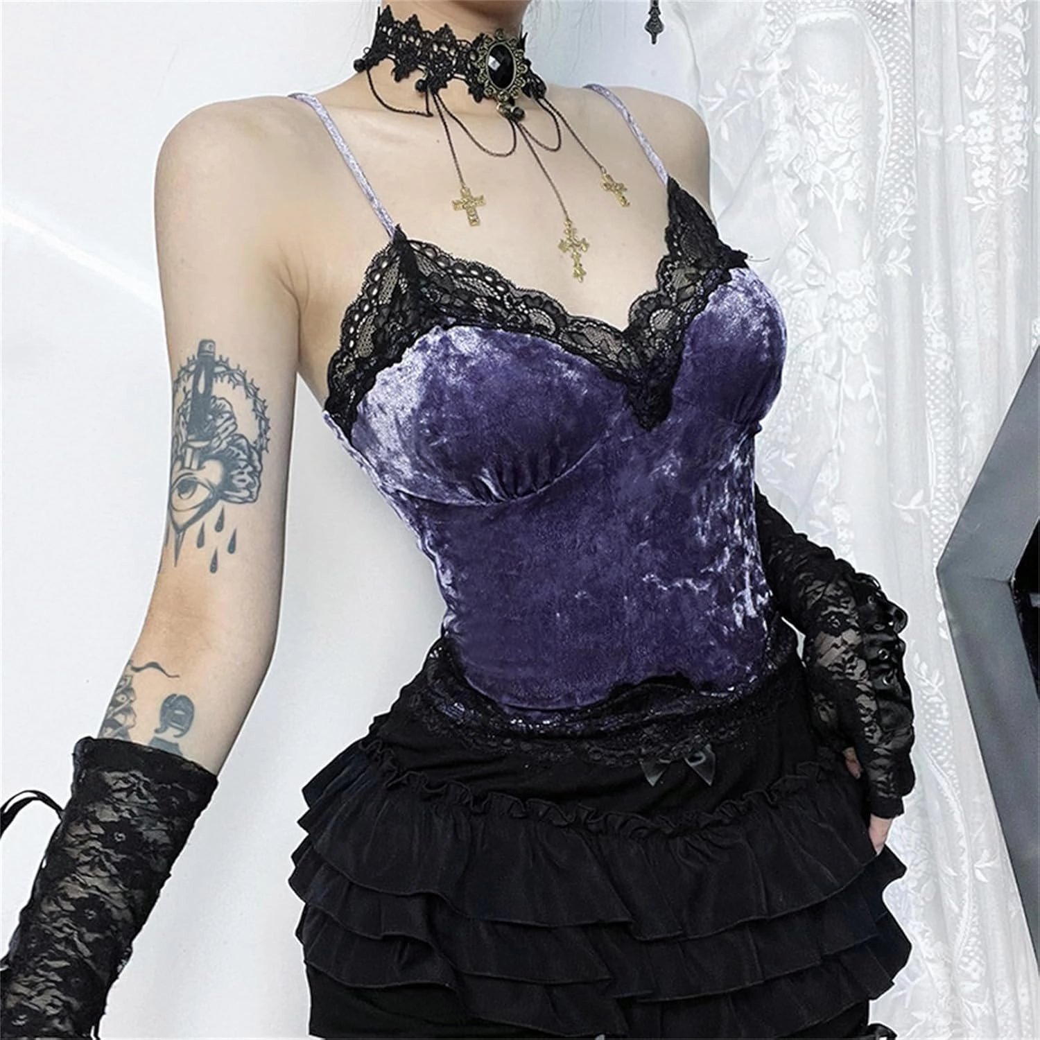 Women's Gothic Crop Top Spaghetti Strap Camisole Mall Goth Grunge Punk Fairy Cami Corset Top Backless Vest