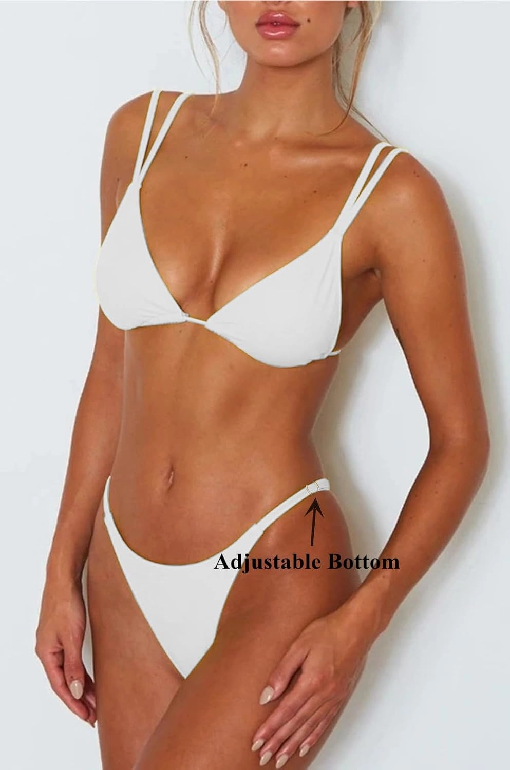 Women's Sexy Thong Bottom Two Piece Bikini Double Shoulder Straps Cute Swimsuit Triangle Bathing Suit