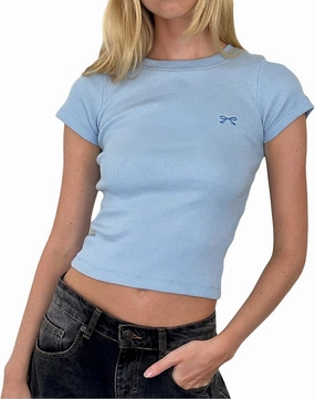 Women Y2K Crop Tops Short Sleeve Ribbed Knit Shirts Cute Bow Embroidery Tee Shirts Teen Girls Slim Fitted Baby Tees