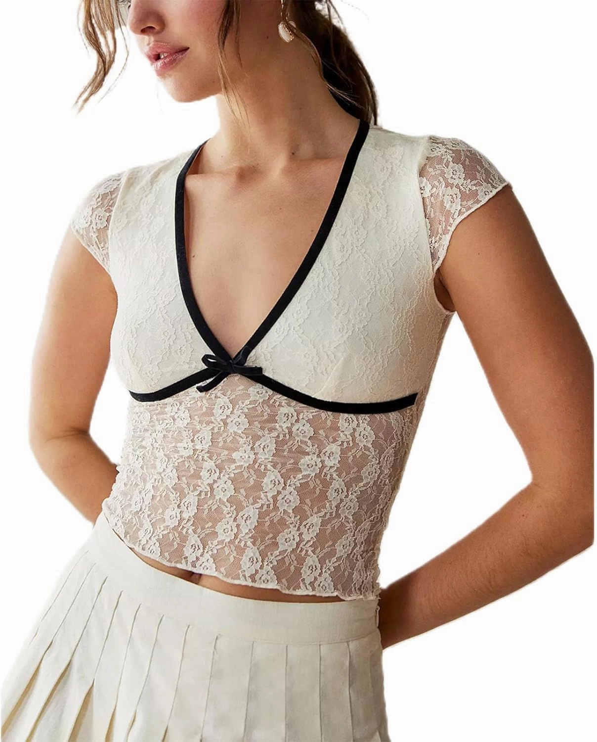 Women Y2K Floral Lace Crop Top Sexy See Through Sheer Mesh T Shirts Slim Fit Aesthetic Going Out Tees Tops Streetwear