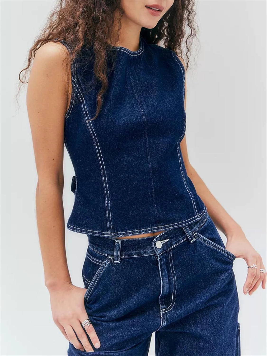 Women Y2k Halter Denim Top Backless Tie Back Button Up Relaxed Fit Jean Vest Sexy Vintage Summer Going Out Tank Top