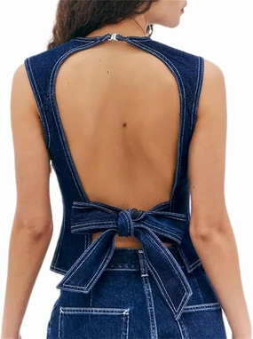 Women Y2k Halter Denim Top Backless Tie Back Button Up Relaxed Fit Jean Vest Sexy Vintage Summer Going Out Tank Top