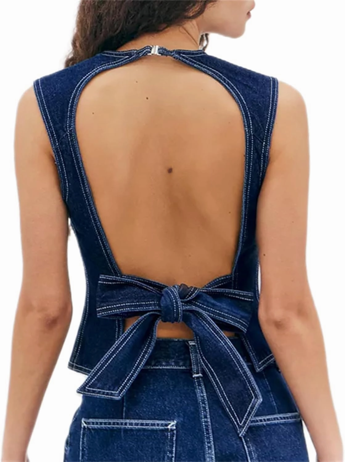 Women Y2k Halter Denim Top Backless Tie Back Button Up Relaxed Fit Jean Vest Sexy Vintage Summer Going Out Tank Top