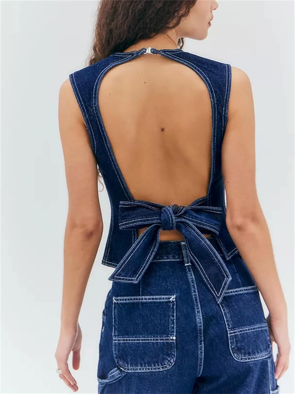Women Y2k Halter Denim Top Backless Tie Back Button Up Relaxed Fit Jean Vest Sexy Vintage Summer Going Out Tank Top