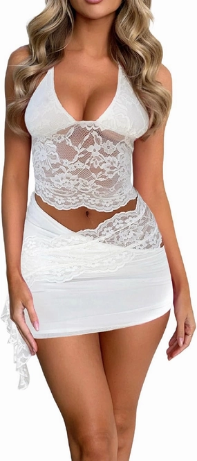 Women Y2K Lace 2 Piece Skirt Set Floral Lace Fitted Crop Cami Top See Through Low Waist Skirt Outfit Streetwear