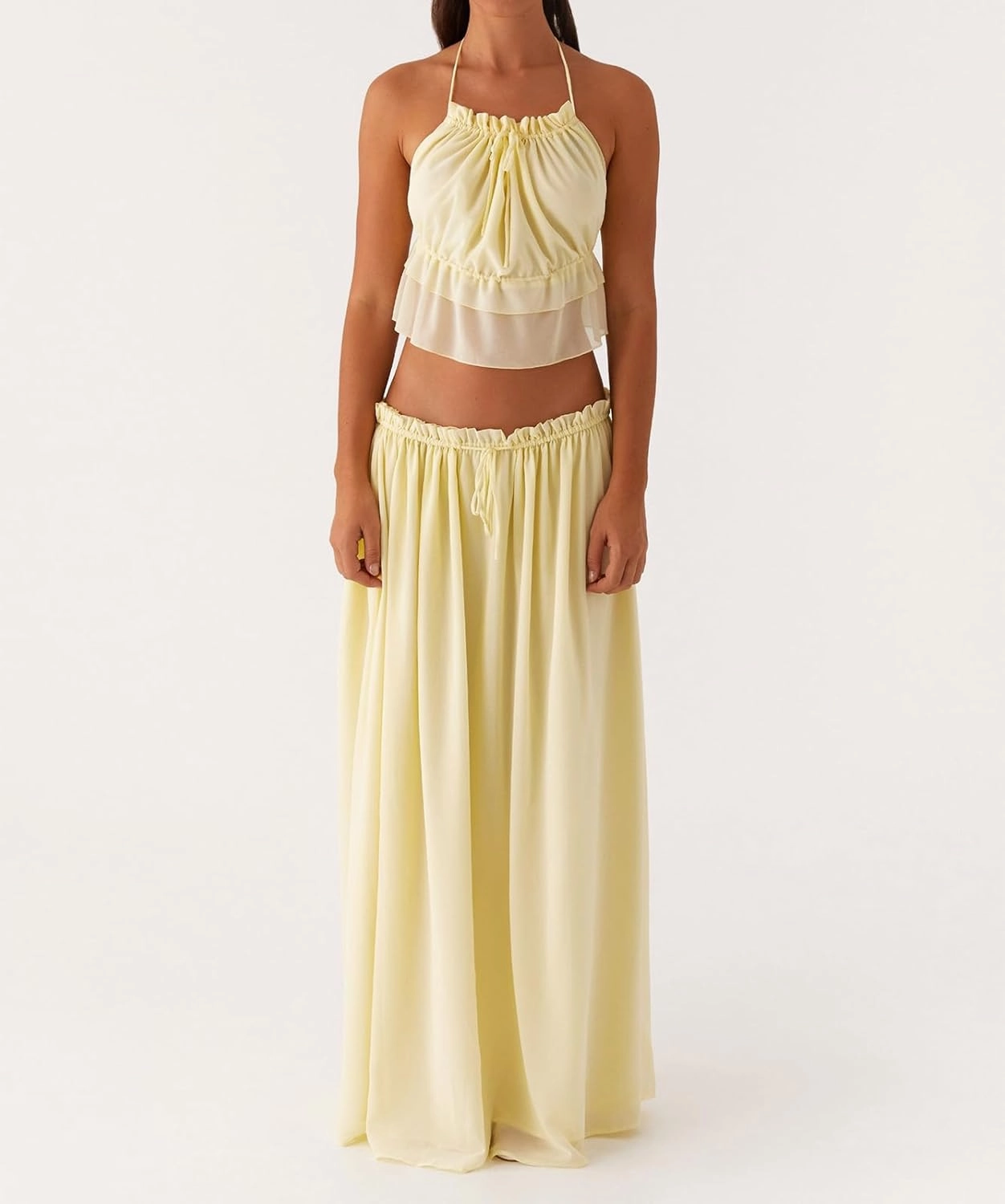 Women Y2K Maxi Skirt Set 2 Piece Outfit Smocked Backless Halter Top Flowy Ruffle Skirt Wedding Guest Ruched Set