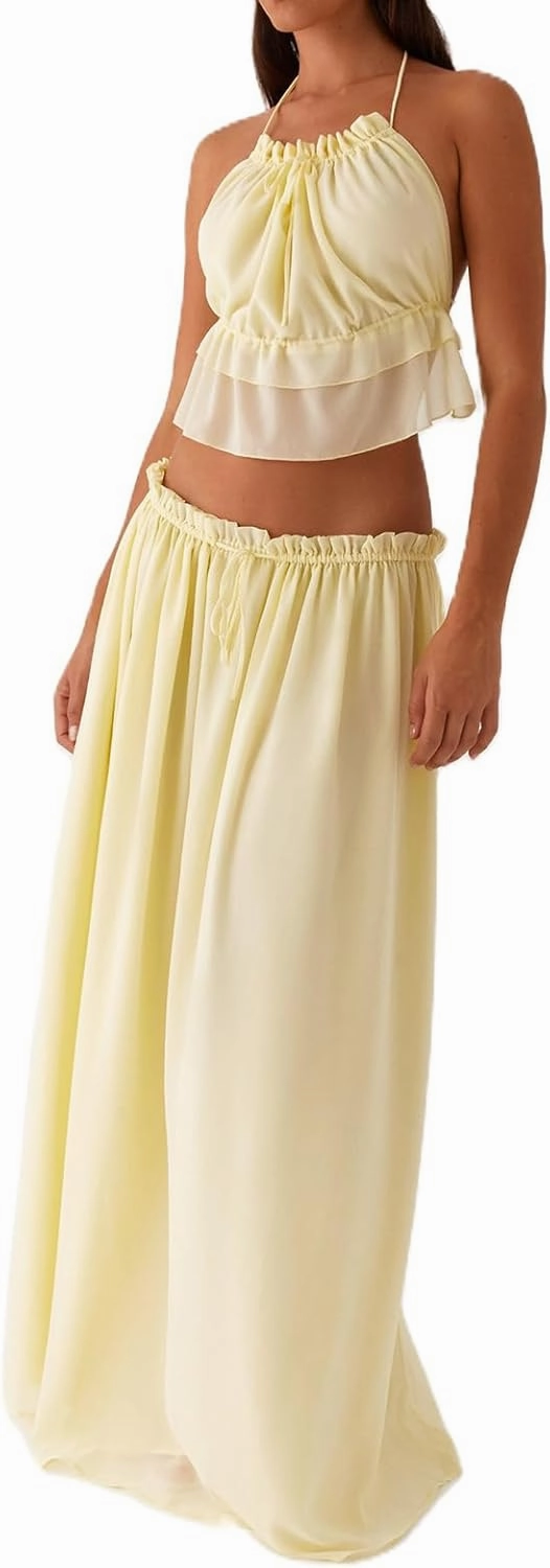 Women Y2K Maxi Skirt Set 2 Piece Outfit Smocked Backless Halter Top Flowy Ruffle Skirt Wedding Guest Ruched Set