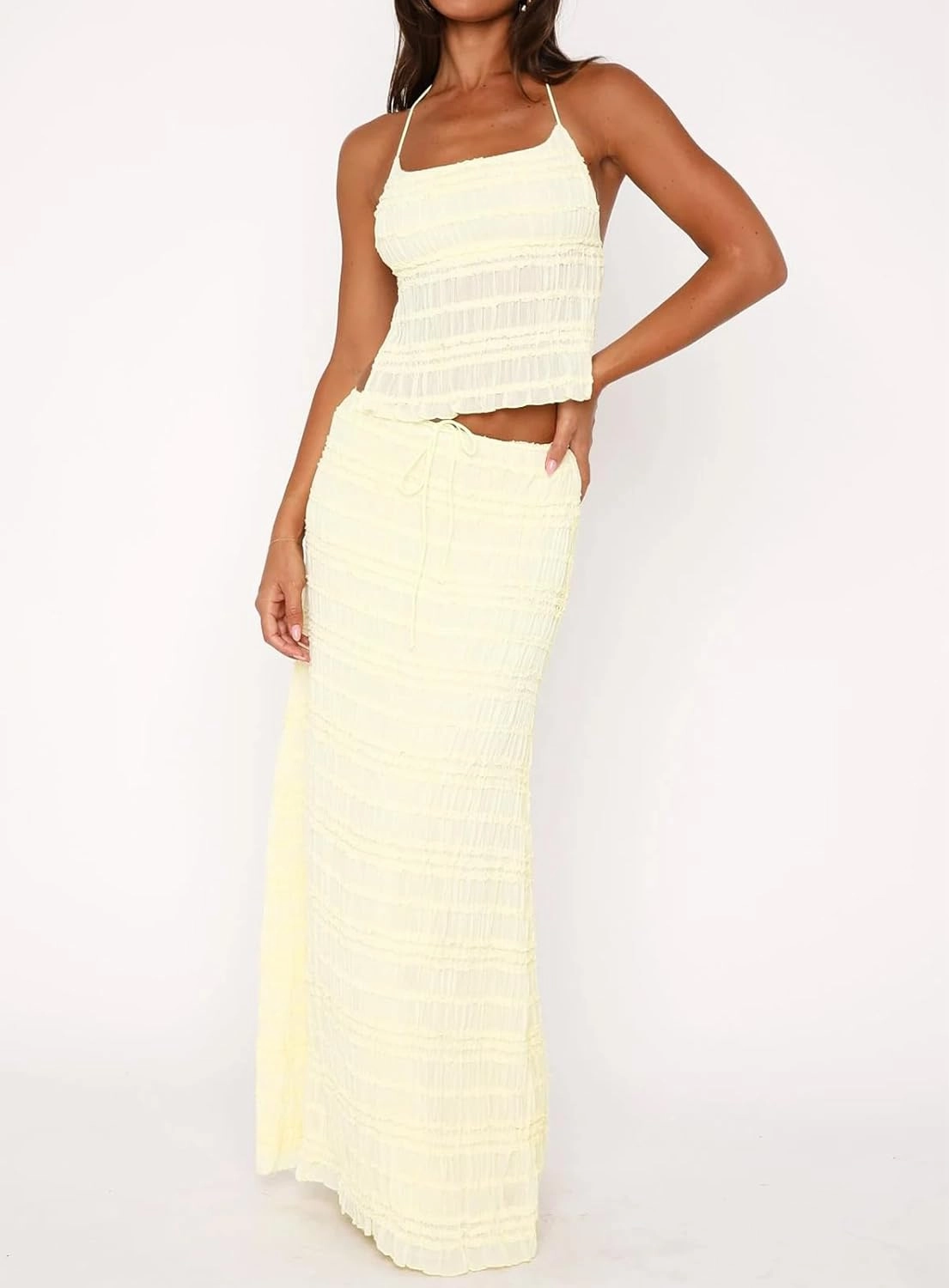 Women Y2K Maxi Skirt Set 2 Piece Outfit Smocked Backless Halter Top Flowy Ruffle Skirt Wedding Guest Ruched Set