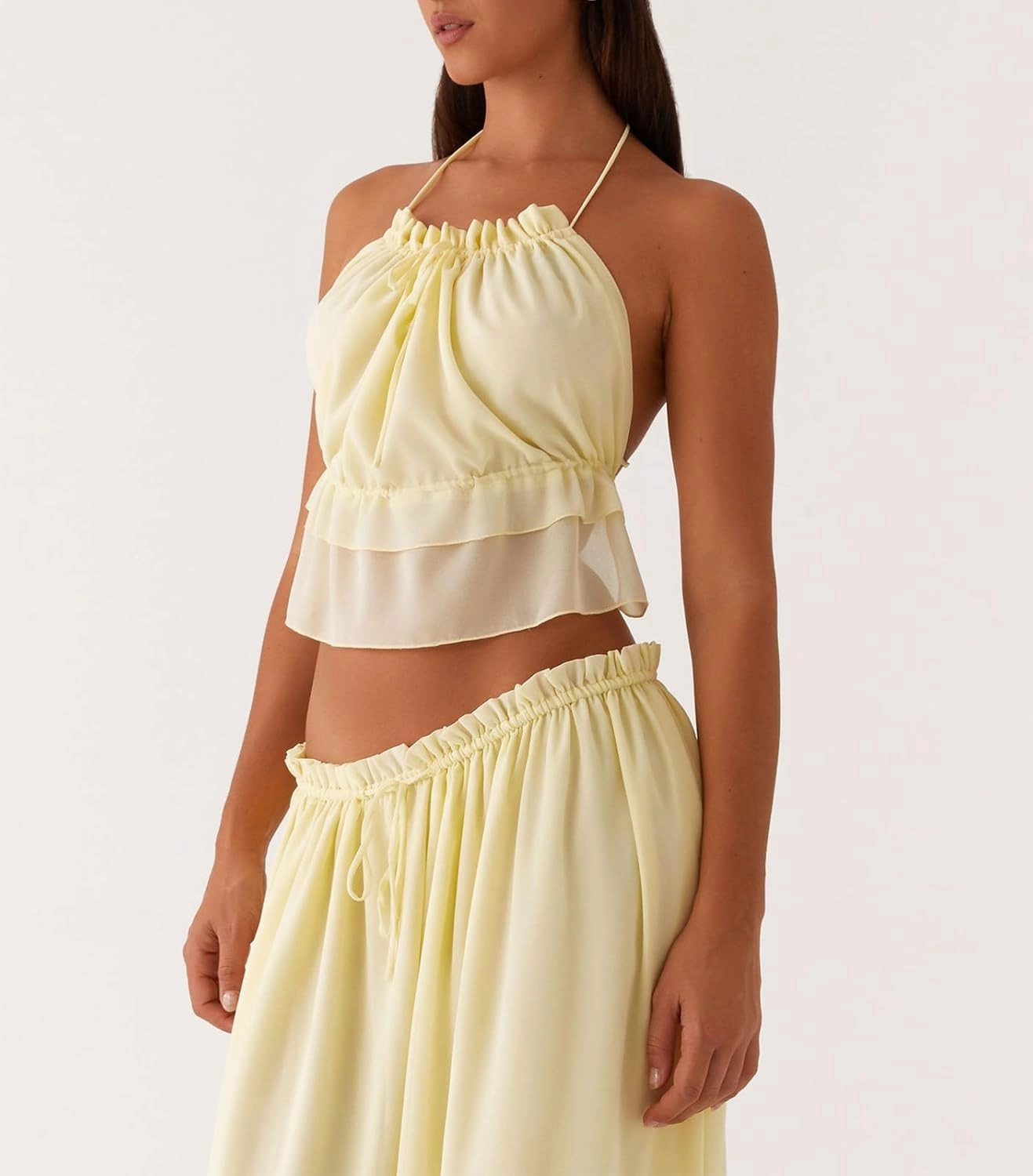 Women Y2K Maxi Skirt Set 2 Piece Outfit Smocked Backless Halter Top Flowy Ruffle Skirt Wedding Guest Ruched Set
