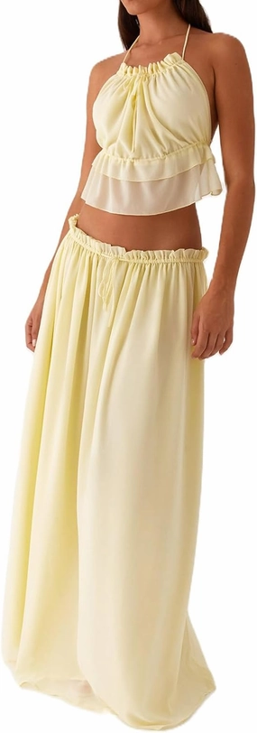 Women Y2K Maxi Skirt Set 2 Piece Outfit Smocked Backless Halter Top Flowy Ruffle Skirt Wedding Guest Ruched Set
