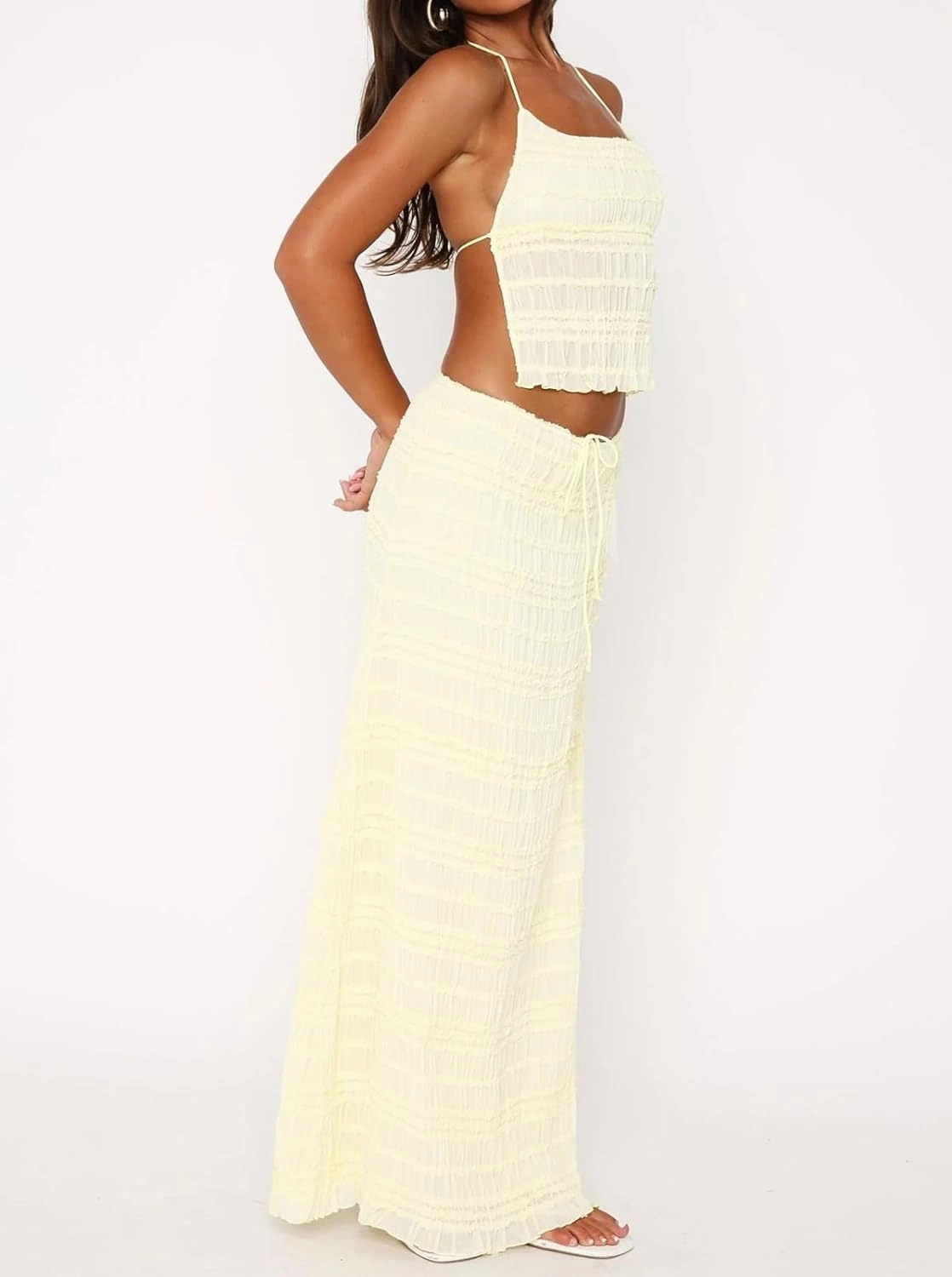 Women Y2K Maxi Skirt Set 2 Piece Outfit Smocked Backless Halter Top Flowy Ruffle Skirt Wedding Guest Ruched Set