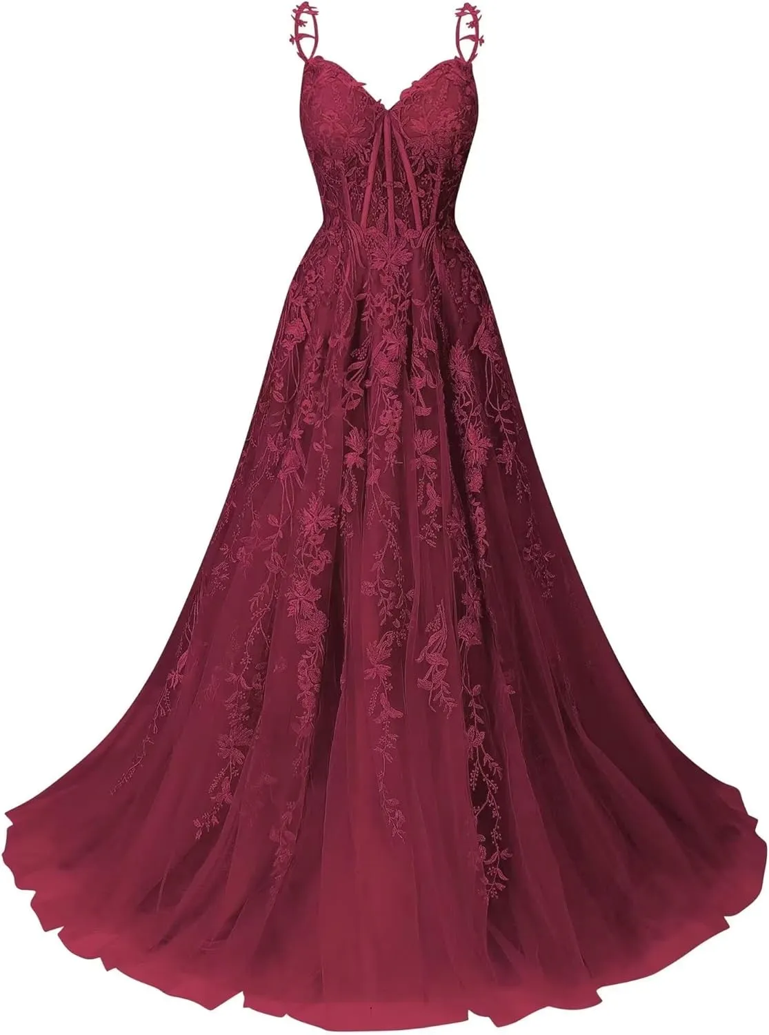 Women's Lace Applique Tulle Prom Dresses A Line Long Pleated 2025 Formal Evening Party Gowns with Slit
