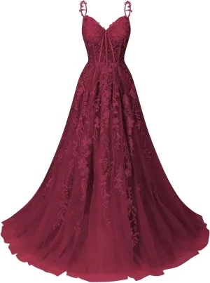 Women's Lace Applique Tulle Prom Dresses A Line Long Pleated 2025 Formal Evening Party Gowns with Slit