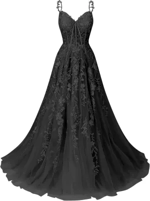 Women's Lace Applique Tulle Prom Dresses A Line Long Pleated 2025 Formal Evening Party Gowns with Slit