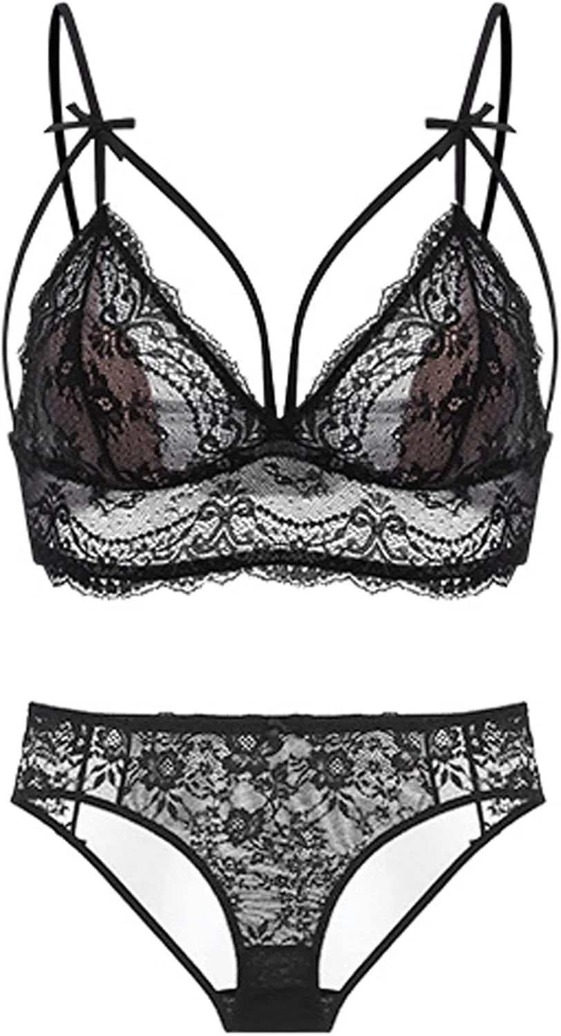 Women's Lingerie Set Floral Lace Ruffle Shoulder Bra and Panty Underwear Sets Sexy Underwire Push Up Lingerie Outfits