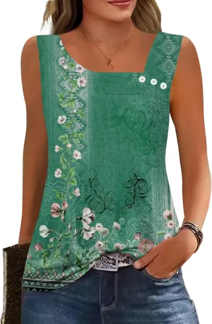 Womens Summer Tank Tops Square Neck Sleeveless Buttons Casual Dressy Tunics Basic Business Work T Shirts Blouses