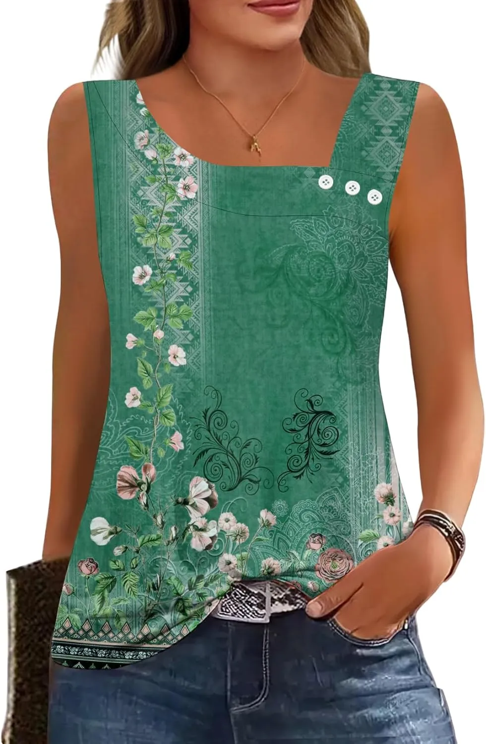 Womens Summer Tank Tops Square Neck Sleeveless Buttons Casual Dressy Tunics Basic Business Work T Shirts Blouses