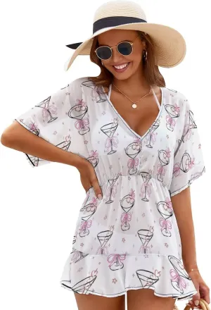 Women's Swimsuit Cover Up Cute Cocktails Drinks Beachwear Coverups V-Neck Bikini Beach Dress