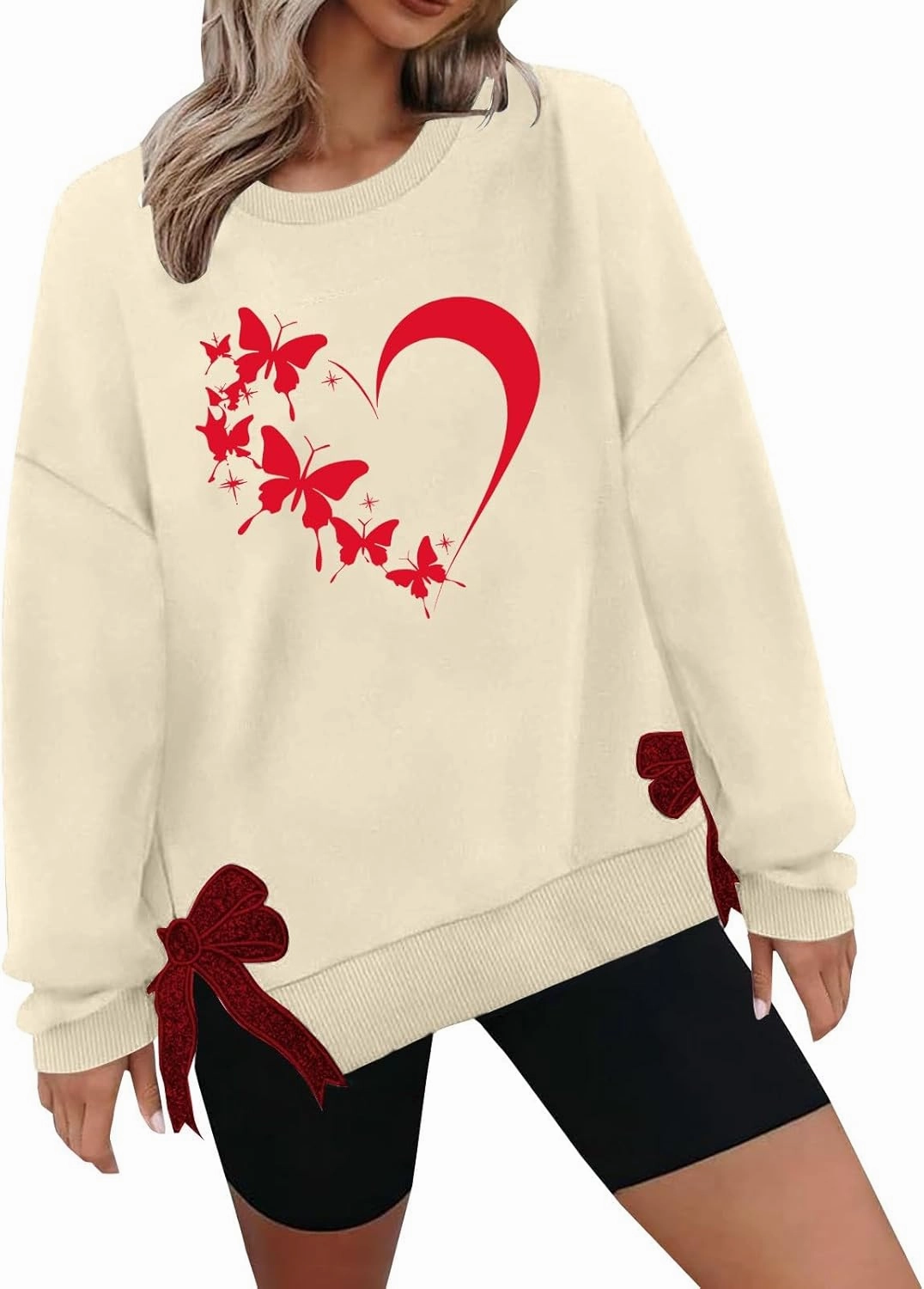 Womens 2025 Fashion Sweatshirt Valentines Heart Print Side Bow Applique Trendy Top Long Sleeve Athletic Causal Blouse