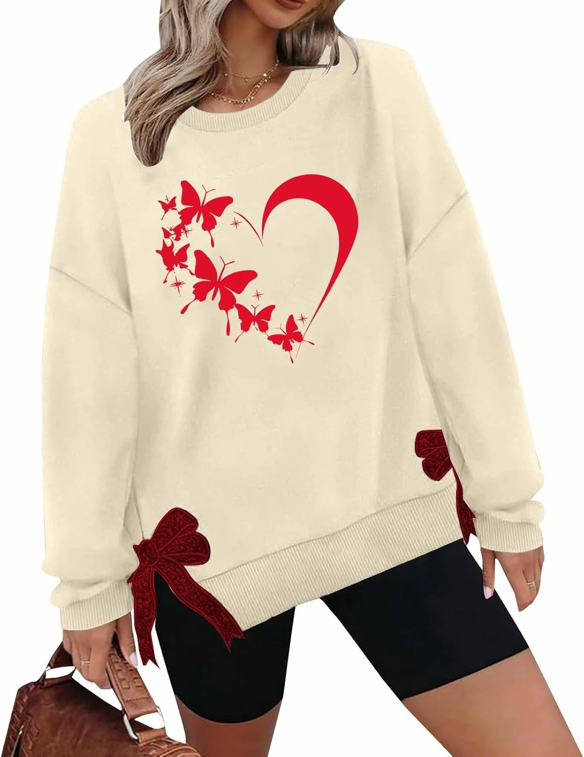 Womens 2025 Fashion Sweatshirt Valentines Heart Print Side Bow Applique Trendy Top Long Sleeve Athletic Causal Blouse