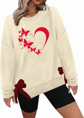 Womens 2025 Fashion Sweatshirt Valentines Heart Print Side Bow Applique Trendy Top Long Sleeve Athletic Causal Blouse