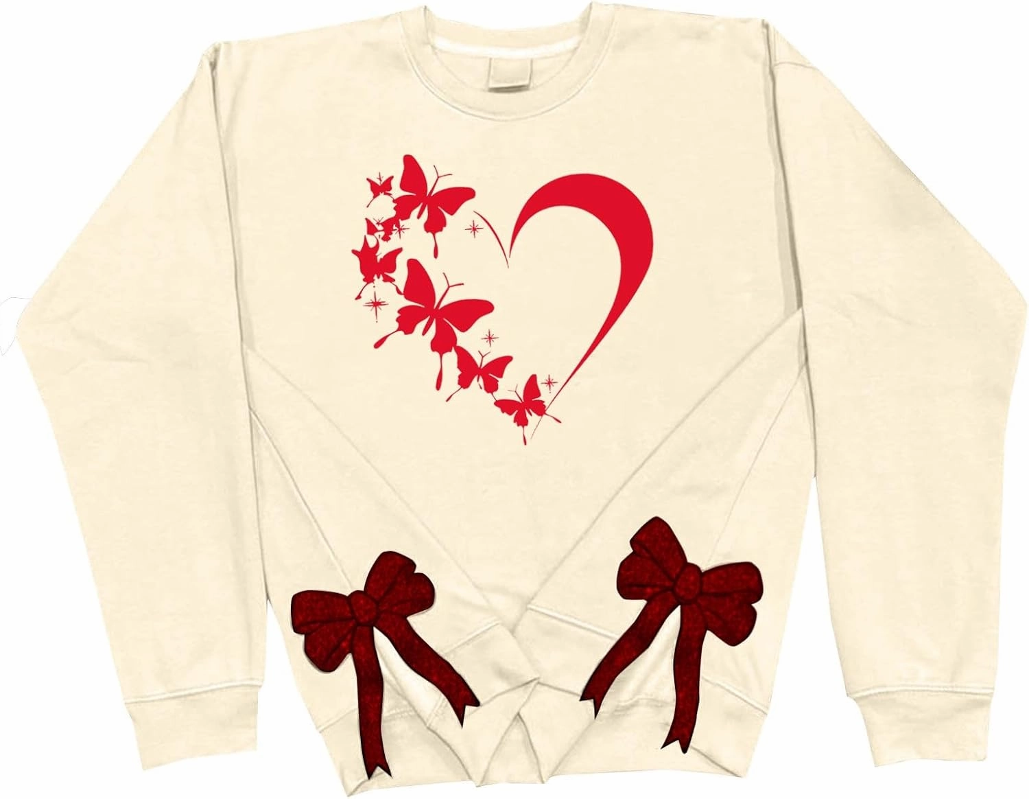 Womens 2025 Fashion Sweatshirt Valentines Heart Print Side Bow Applique Trendy Top Long Sleeve Athletic Causal Blouse