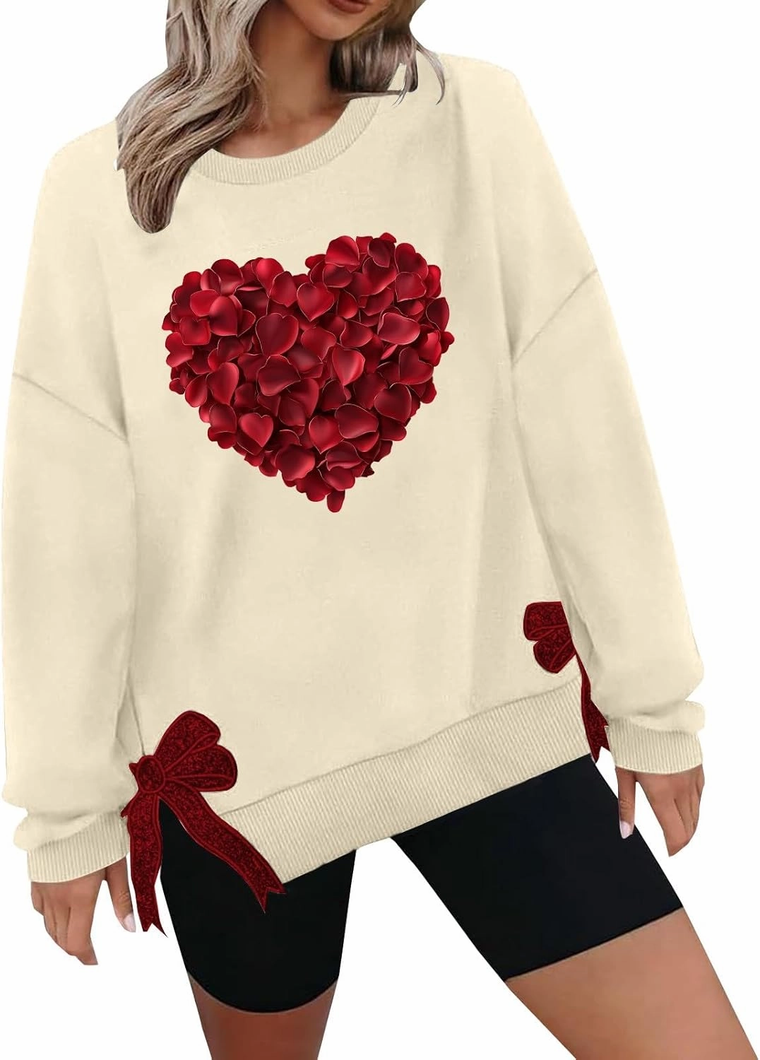 Womens 2025 Heart Printed Sweatshirt Side Bow Applique Trendy Blouses Holiday Outdoor Sports Casual Top