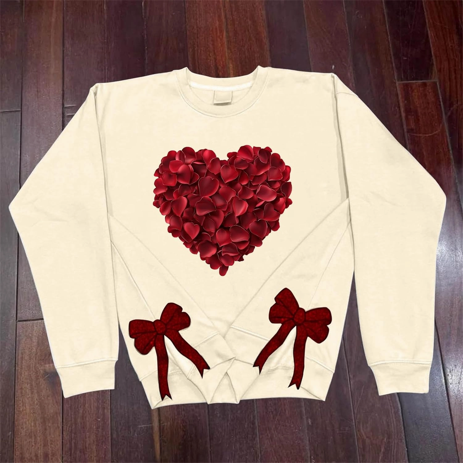 Womens 2025 Heart Printed Sweatshirt Side Bow Applique Trendy Blouses Holiday Outdoor Sports Casual Top