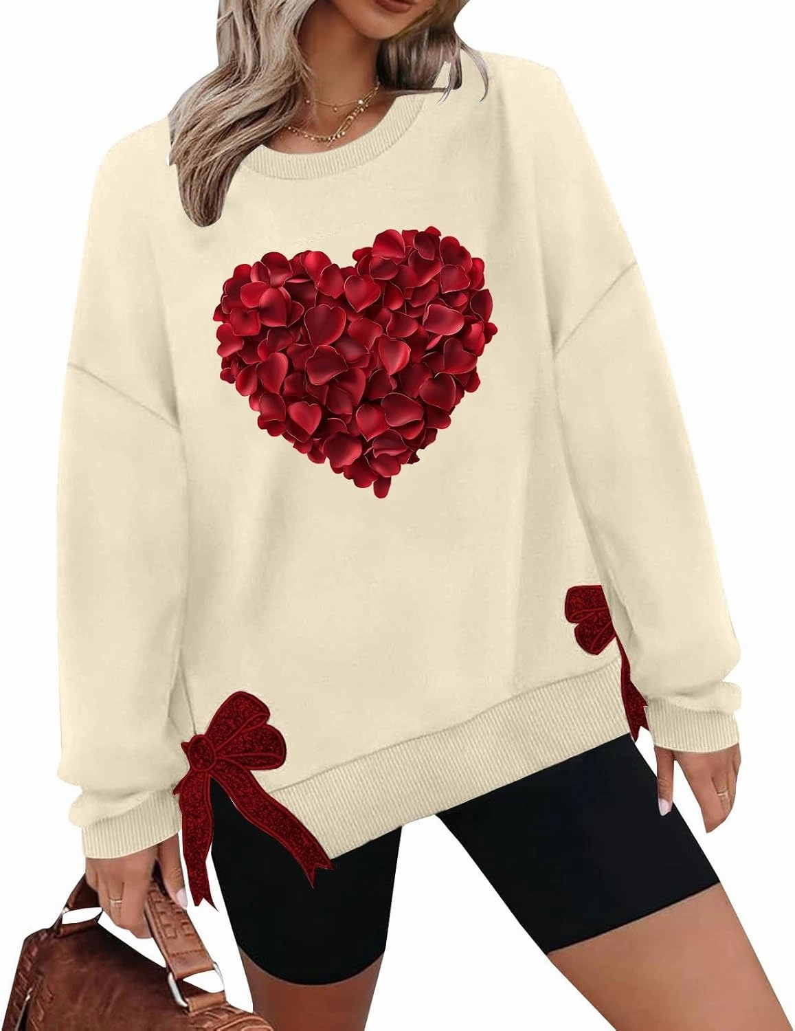 Womens 2025 Heart Printed Sweatshirt Side Bow Applique Trendy Blouses Holiday Outdoor Sports Casual Top
