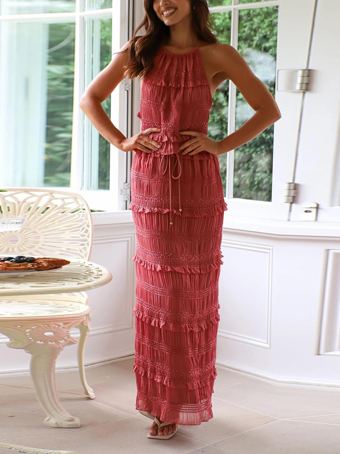Womens 2 Piece Long Skirt Set Tie Up Halter Neck Sleeveless Tank Top Maxi Skirt Sets Summer Y2k Beach 2 Pcs Outfit