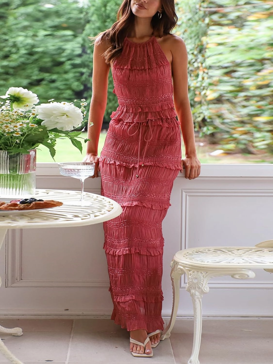 Womens 2 Piece Long Skirt Set Tie Up Halter Neck Sleeveless Tank Top Maxi Skirt Sets Summer Y2k Beach 2 Pcs Outfit