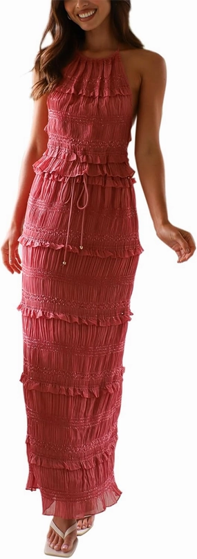 Womens 2 Piece Long Skirt Set Tie Up Halter Neck Sleeveless Tank Top Maxi Skirt Sets Summer Y2k Beach 2 Pcs Outfit