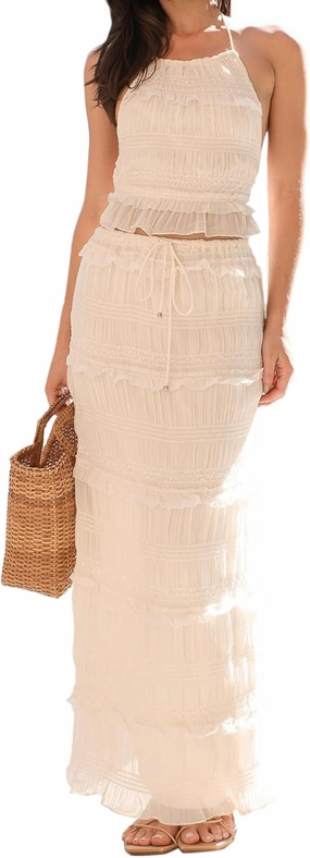 Womens 2 Piece Long Skirt Set Tie Up Sleeveless Halter Neck Tank Top Maxi Skirt Sets Summer Y2k Beach 2 Pcs Outfit
