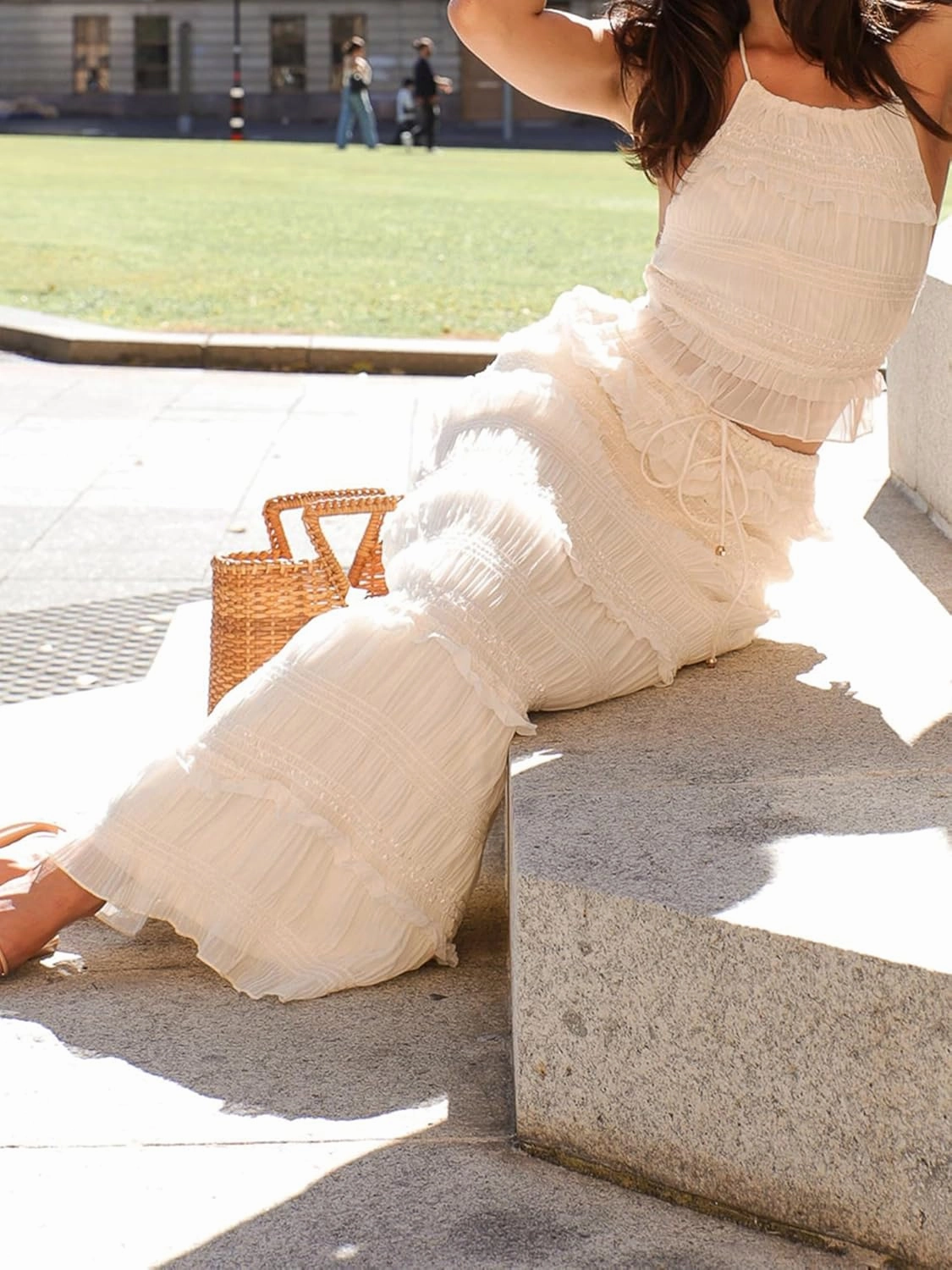 Womens 2 Piece Long Skirt Set Tie Up Sleeveless Halter Neck Tank Top Maxi Skirt Sets Summer Y2k Beach 2 Pcs Outfit