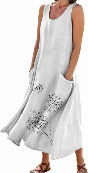Womens Cotton Linen Summer Dresses Cute Flower Graphic Print Sundress Casual Sleeveless Loose Midi Dresse