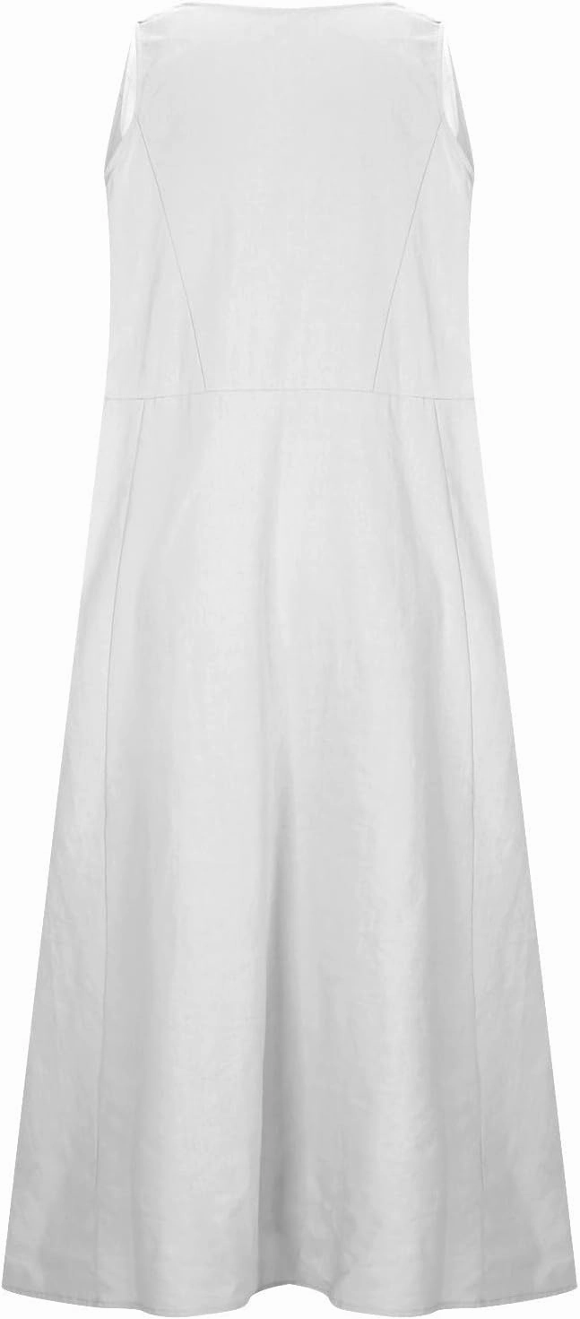 Womens Cotton Linen Summer Dresses Cute Flower Graphic Print Sundress Casual Sleeveless Loose Midi Dresse