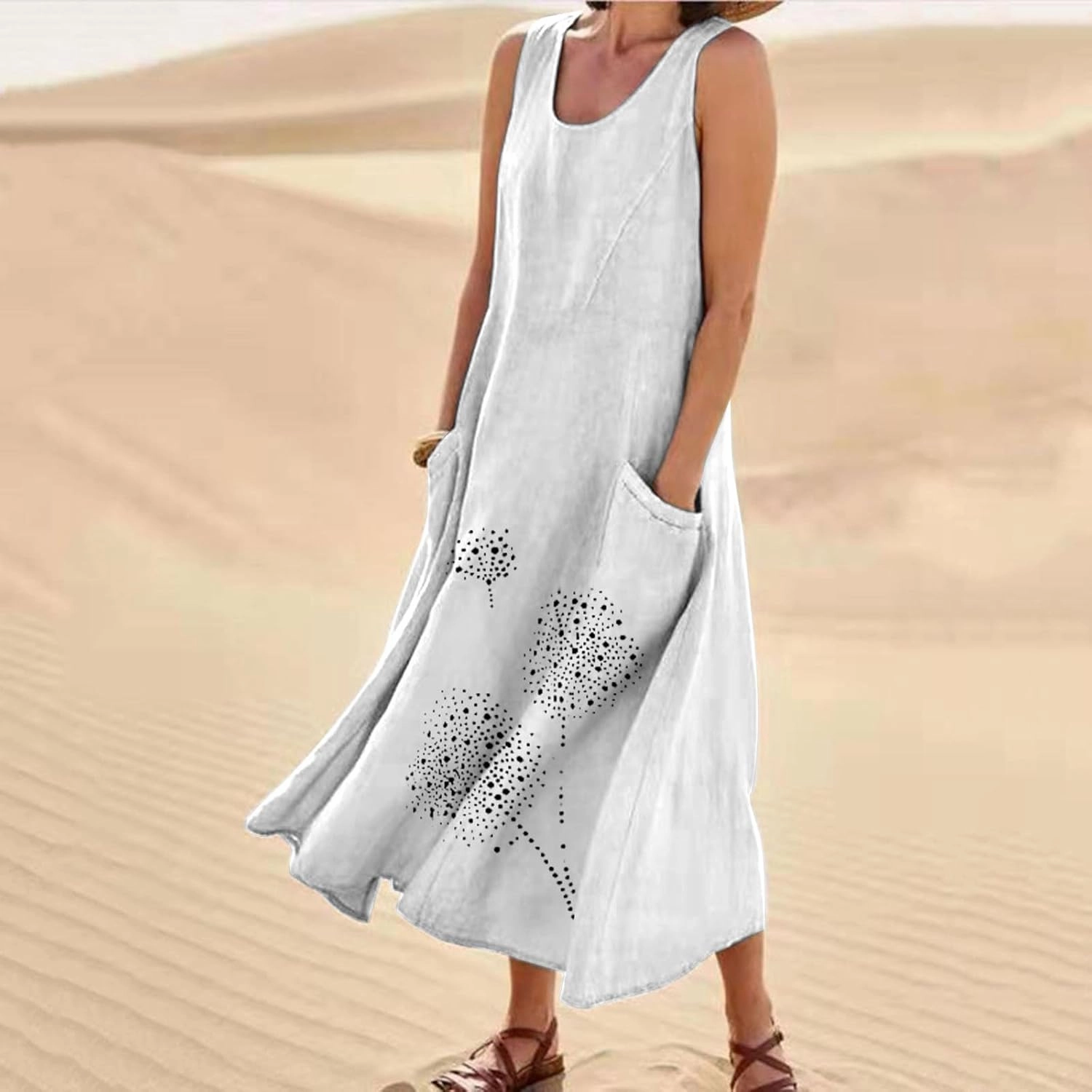 Womens Cotton Linen Summer Dresses Cute Flower Graphic Print Sundress Casual Sleeveless Loose Midi Dresse