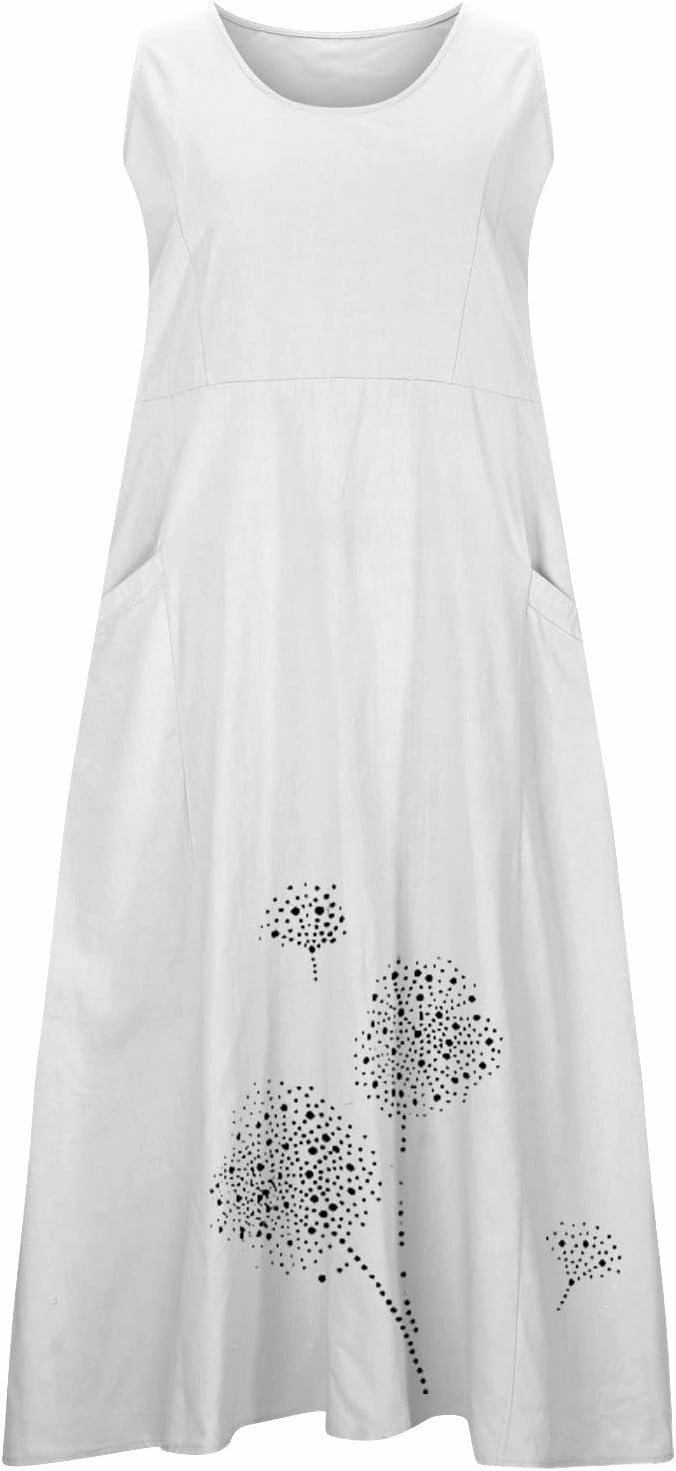 Womens Cotton Linen Summer Dresses Cute Flower Graphic Print Sundress Casual Sleeveless Loose Midi Dresse