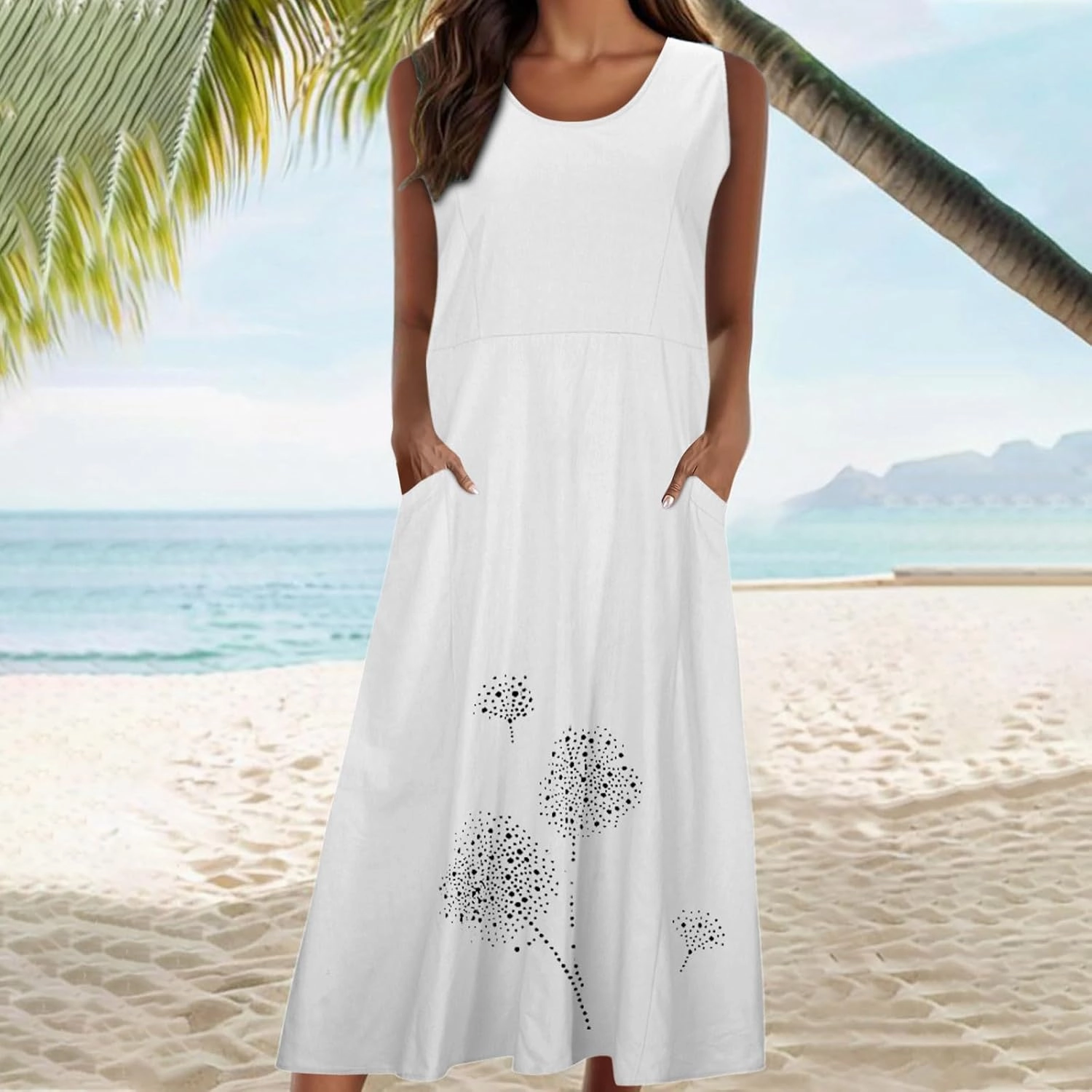 Womens Cotton Linen Summer Dresses Cute Flower Graphic Print Sundress Casual Sleeveless Loose Midi Dresse