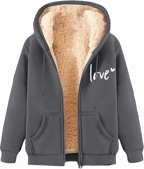 Womens Lamb Fleece Zip Up Hoodie Trendy Letter Printted Thick Thermal Jacket Long Sleeve Going Out Y2K Athletic Coats